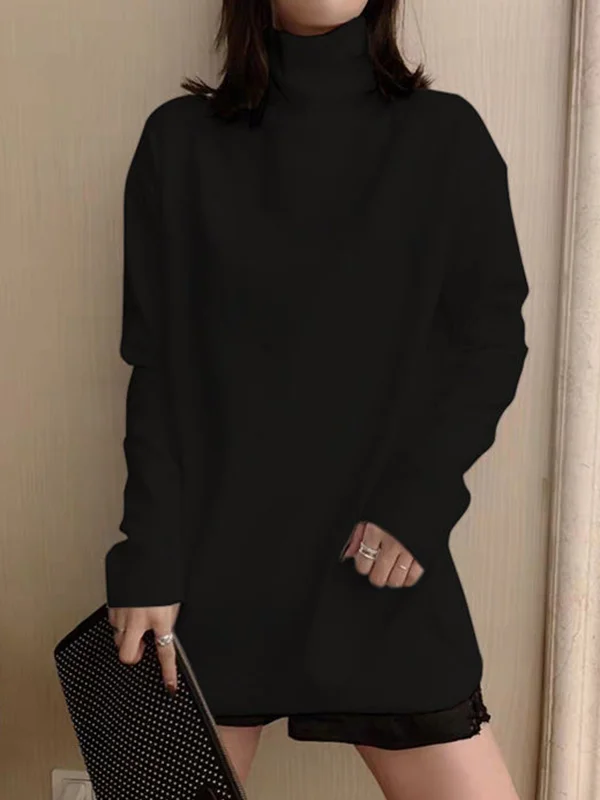 Casual Loose Solid Color Long Sleeves High-Neck T-Shirt Top