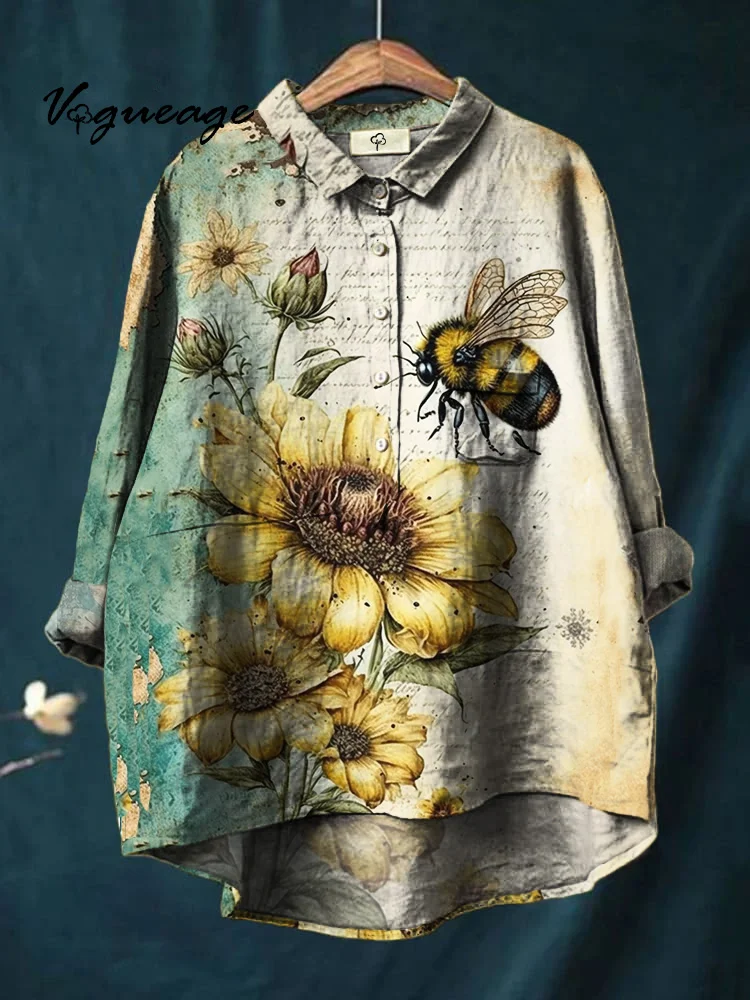 Colorful Fashion Casual Sunflower Bee Print Cotton And Linen Shirt