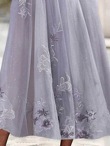 Women's 3/4 Sleeve Scoop Neck Floral Printed Lace Stitching Midi Dress