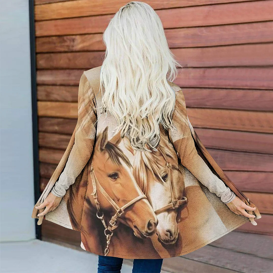 Vintage Western Horse Printed Long Sleeve Casual Cardigan
