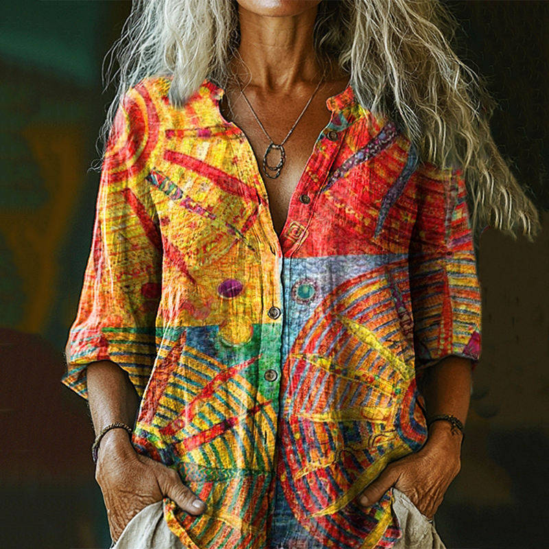 Comstylish Women's Bohemian Pattern Casual Comfort Cotton Shirt