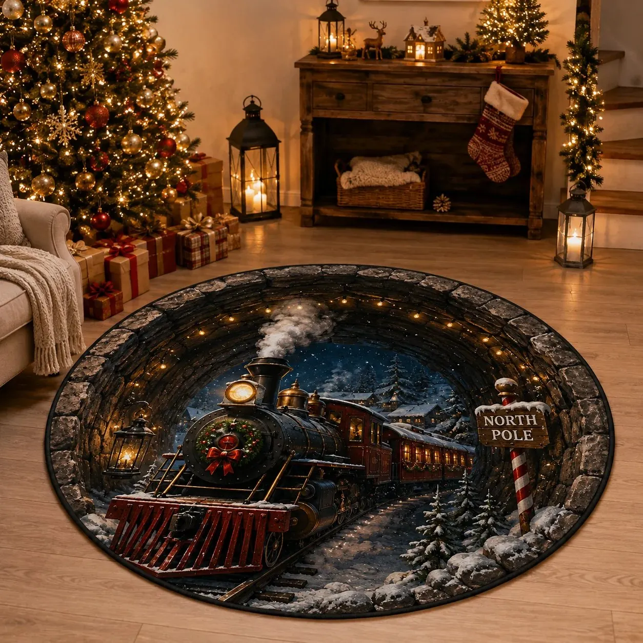 North Pole Christmas Train rug living room scene