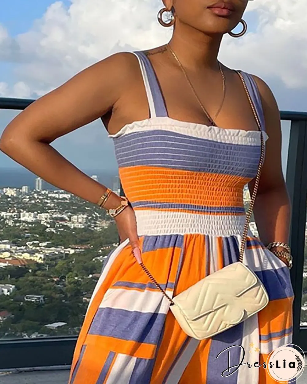 Shirred Striped Colorblock Frill Hem Jumpsuit