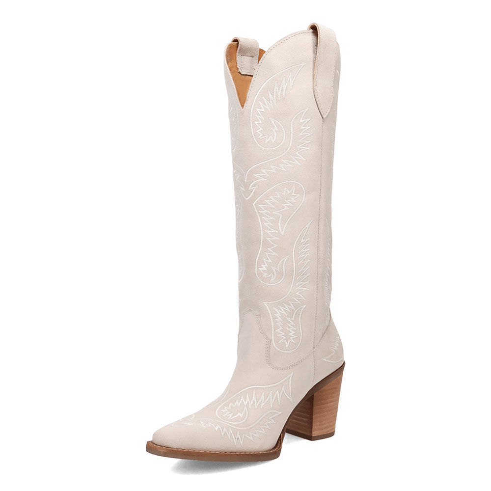 Ivory Embroidered Block Heel Knee-High Snip Toe Cowgirl Boots Nicepairs