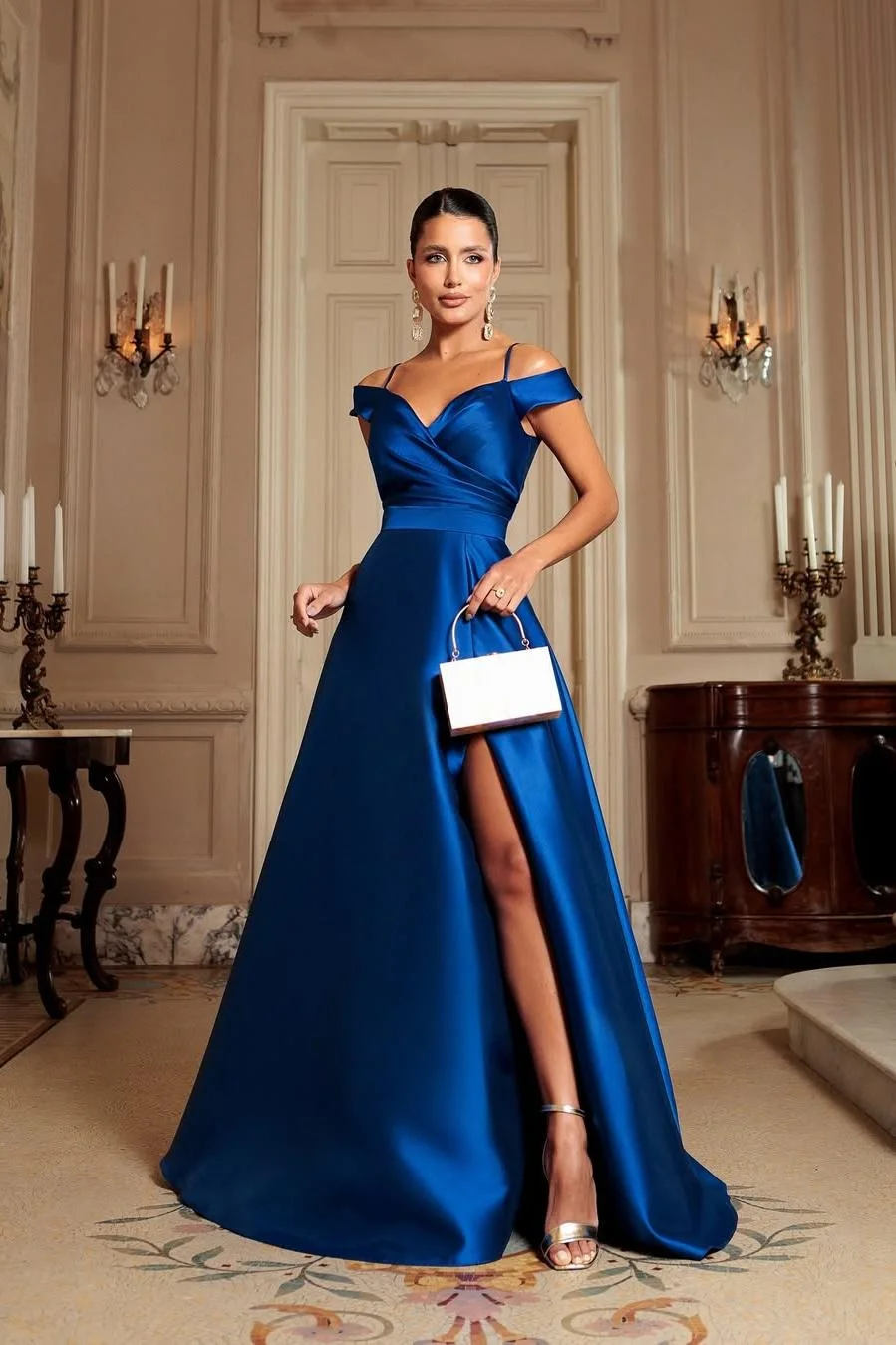 Miabel Stunning Royal Blue Satin Off the Shoulder Spaghtti Strap Long Prom Dress with Split 