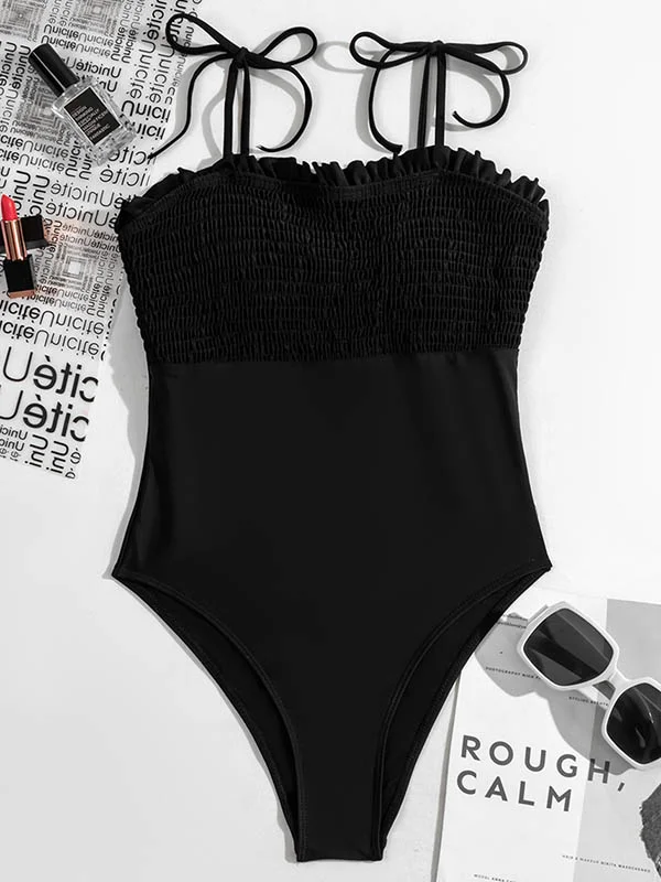 Plain Spaghetti-Neck Pleated Elasticity One-Piece Swimwe