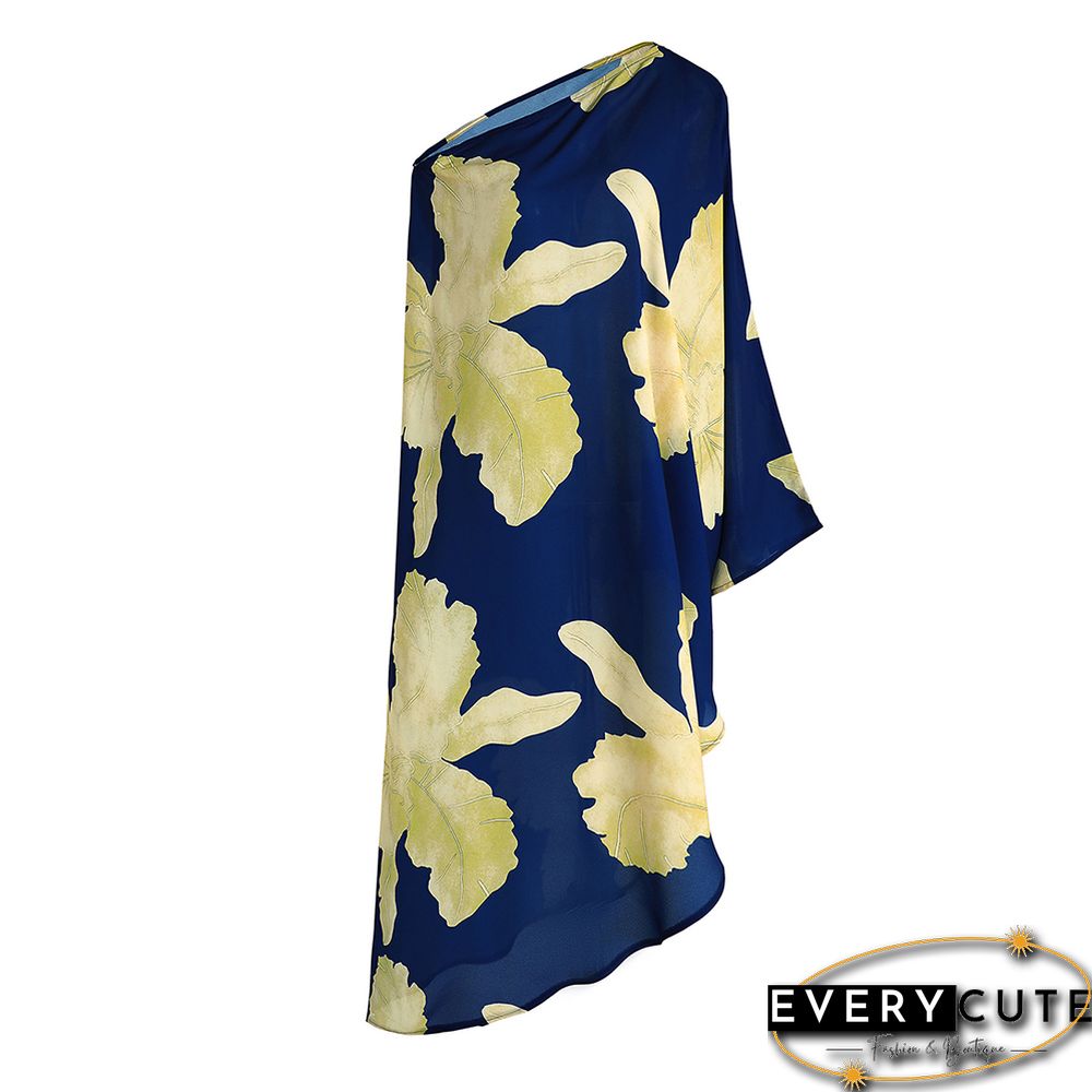 Navy Blue Floral Print One Shoulder Irregular Beach Dress
