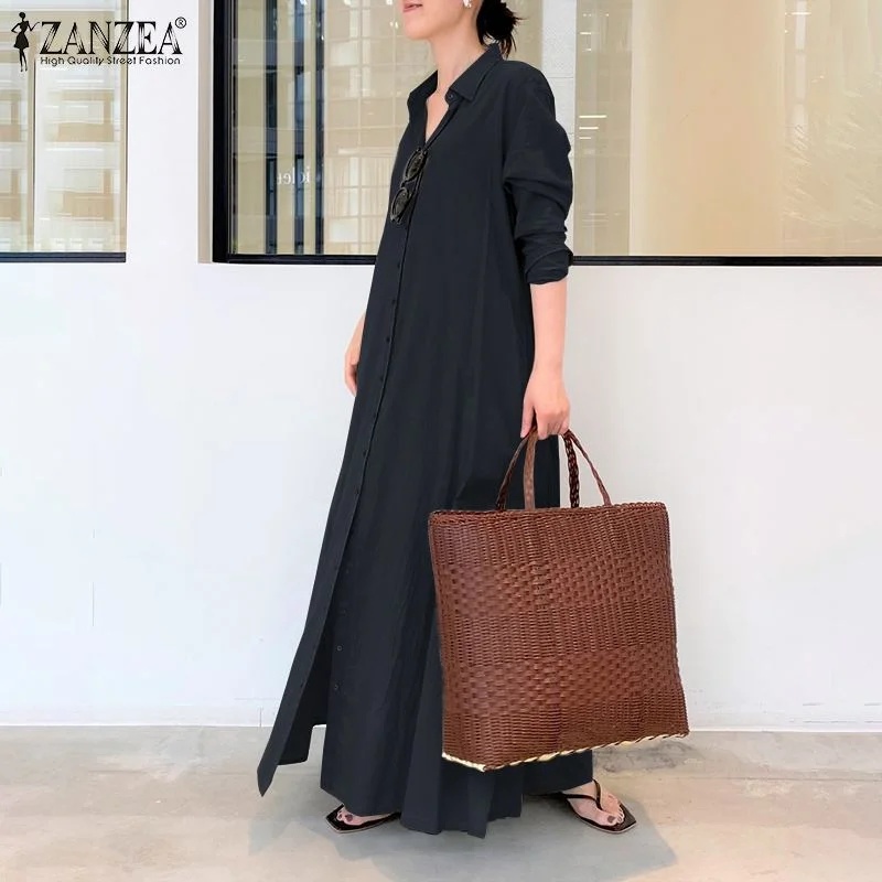 2022 ZANZEA Women Shirt Dress Autumn Lapel Neck Long Sleeve Maxi Sundress Elegant Office Work Solid Long Vestidos