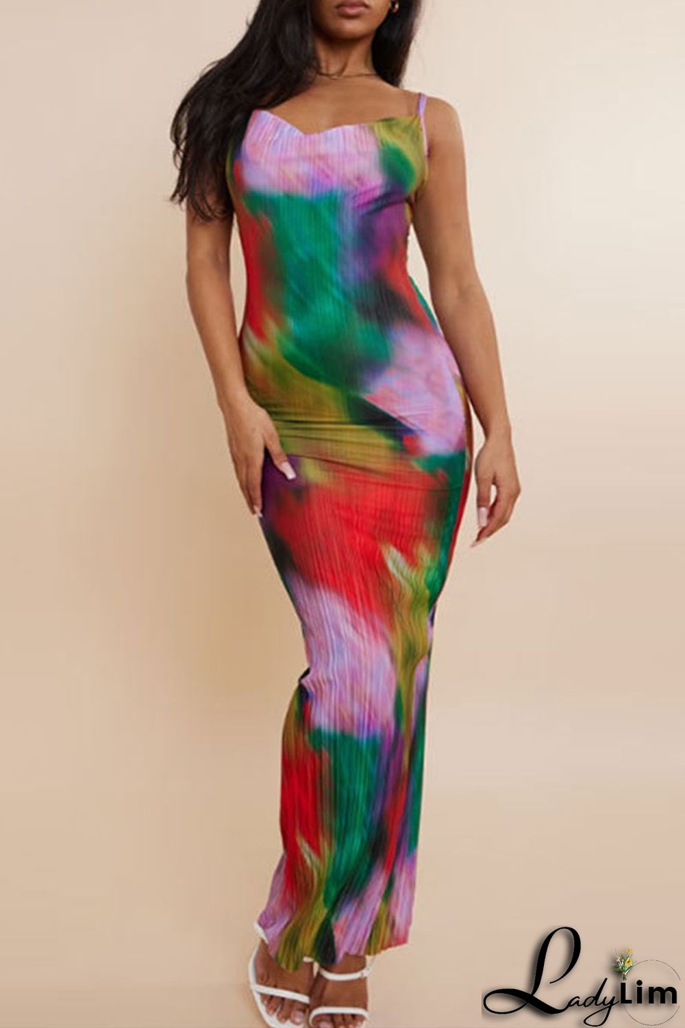 Apricot Red Sexy Print Patchwork Fold Spaghetti Strap Pencil Skirt Dresses