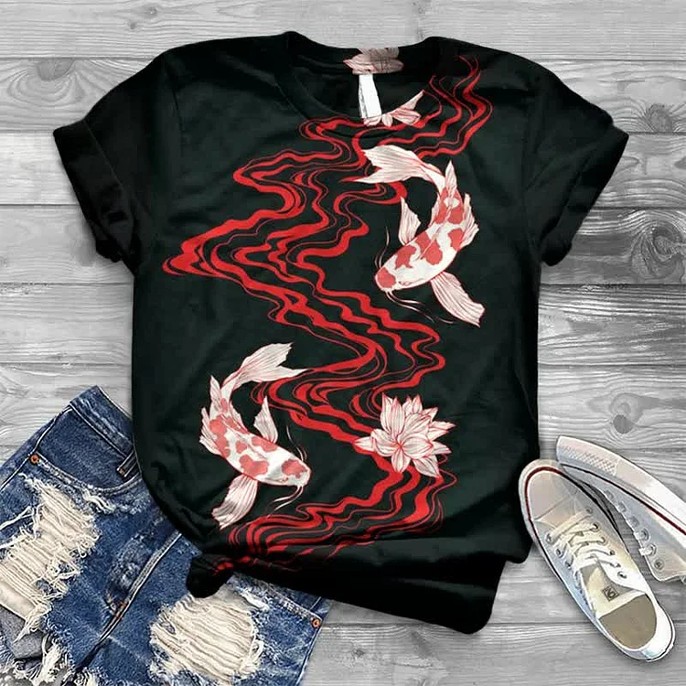 Koi Under The Lotus Pond Japanese Style Print T-shirt