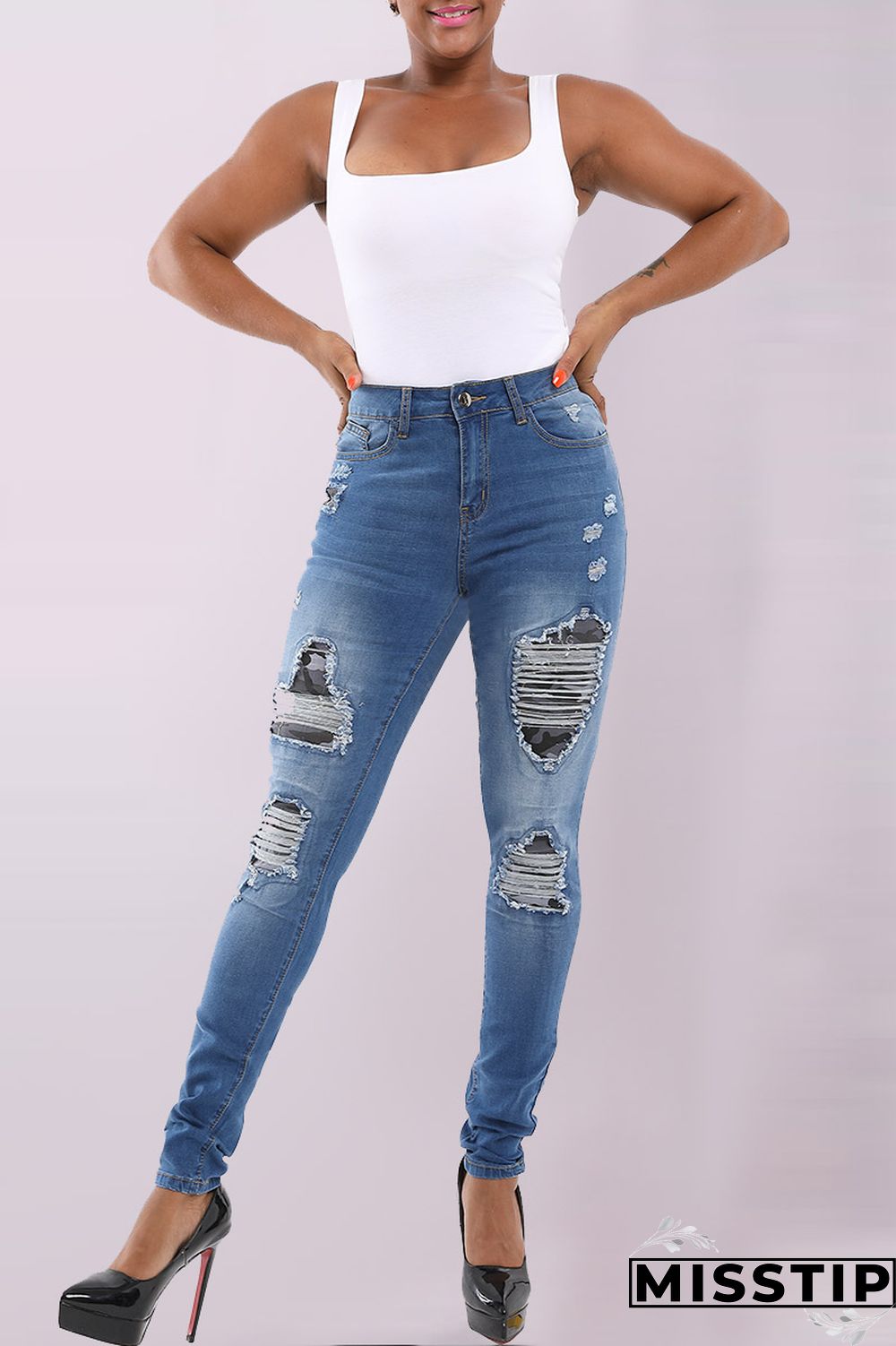 Dark Blue Denim Zipper Fly Mid Old Zippered washing pencil Pants Pants