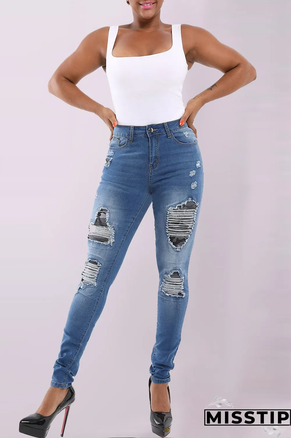 Dark Blue Denim Zipper Fly Mid Old Zippered washing pencil Pants Pants