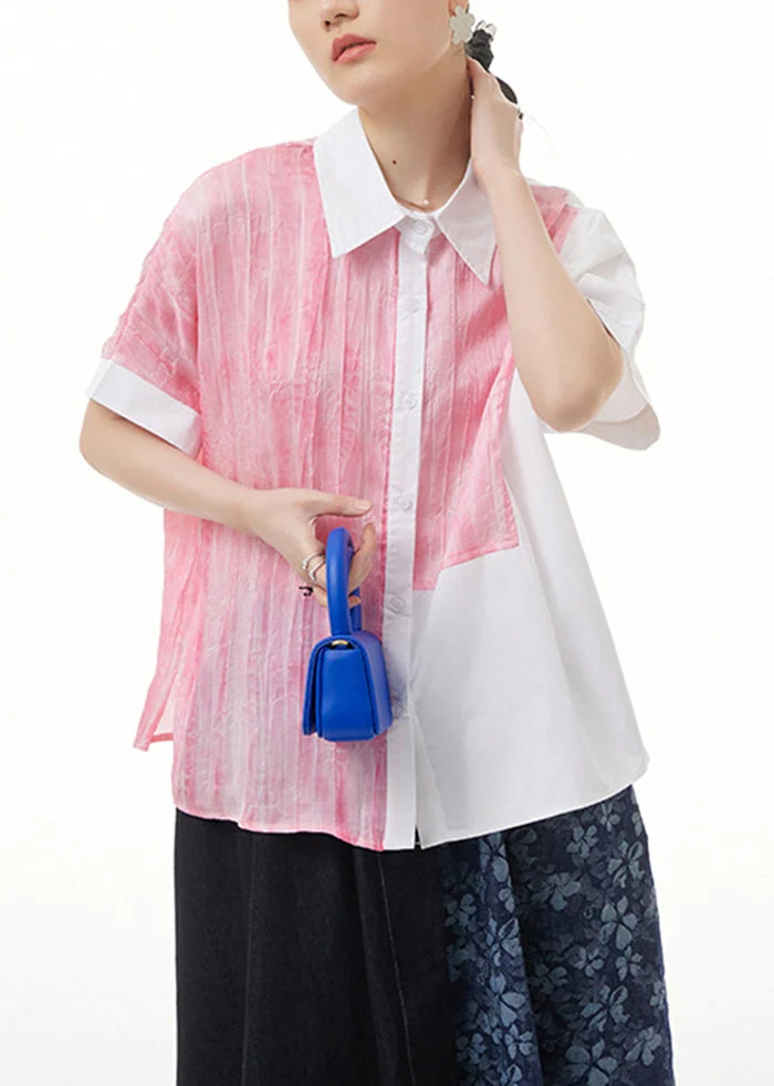5.1Classy Pink Tie Dye Patchwork Cotton Shirt Tops Summer