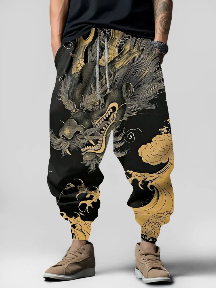 Men's Japanese Art Dragon Element Pattern Print Retro Sweatpants