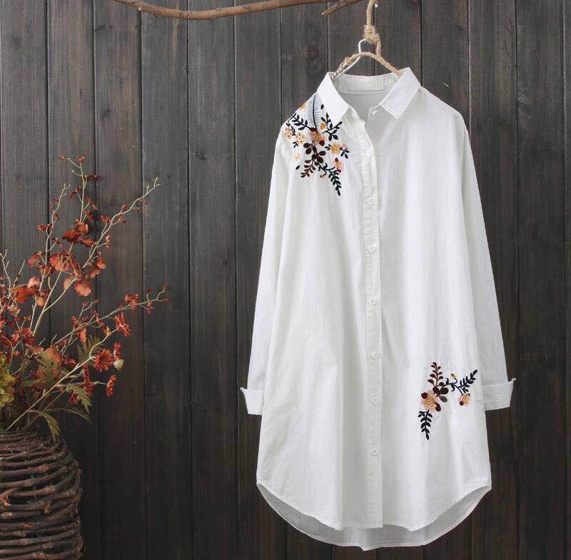 Autumn Casual Ladies Cotton Embroidery Casual Tops
