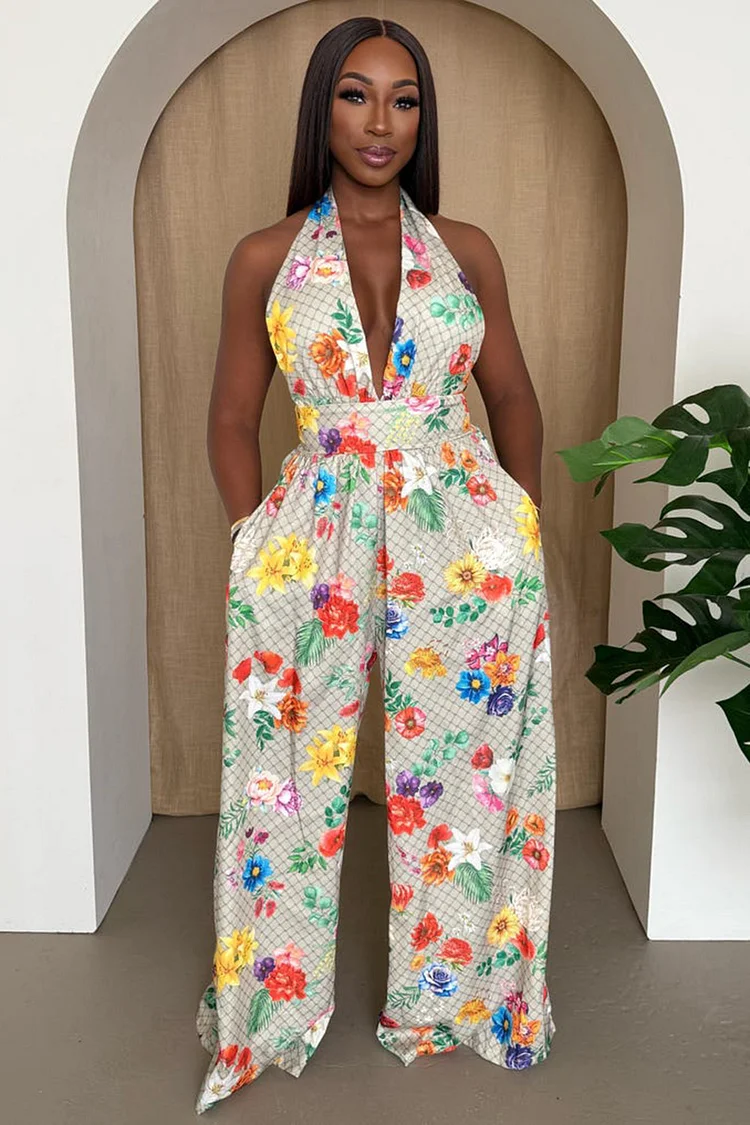 Deep V Halter Backless Floral Print Vacay Wide Leg Jumpsuit-Beige [Pre Order]