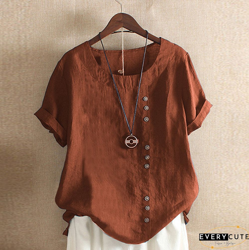 Women's Summer Retro Solid Color Casual Loose Cotton Linen Short Sleeve T-Shirt