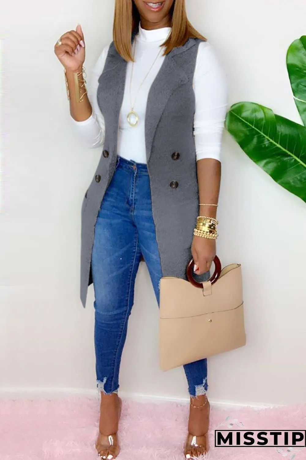 Grey Fashion Casual Solid Cardigan Turndown Collar Outerwear