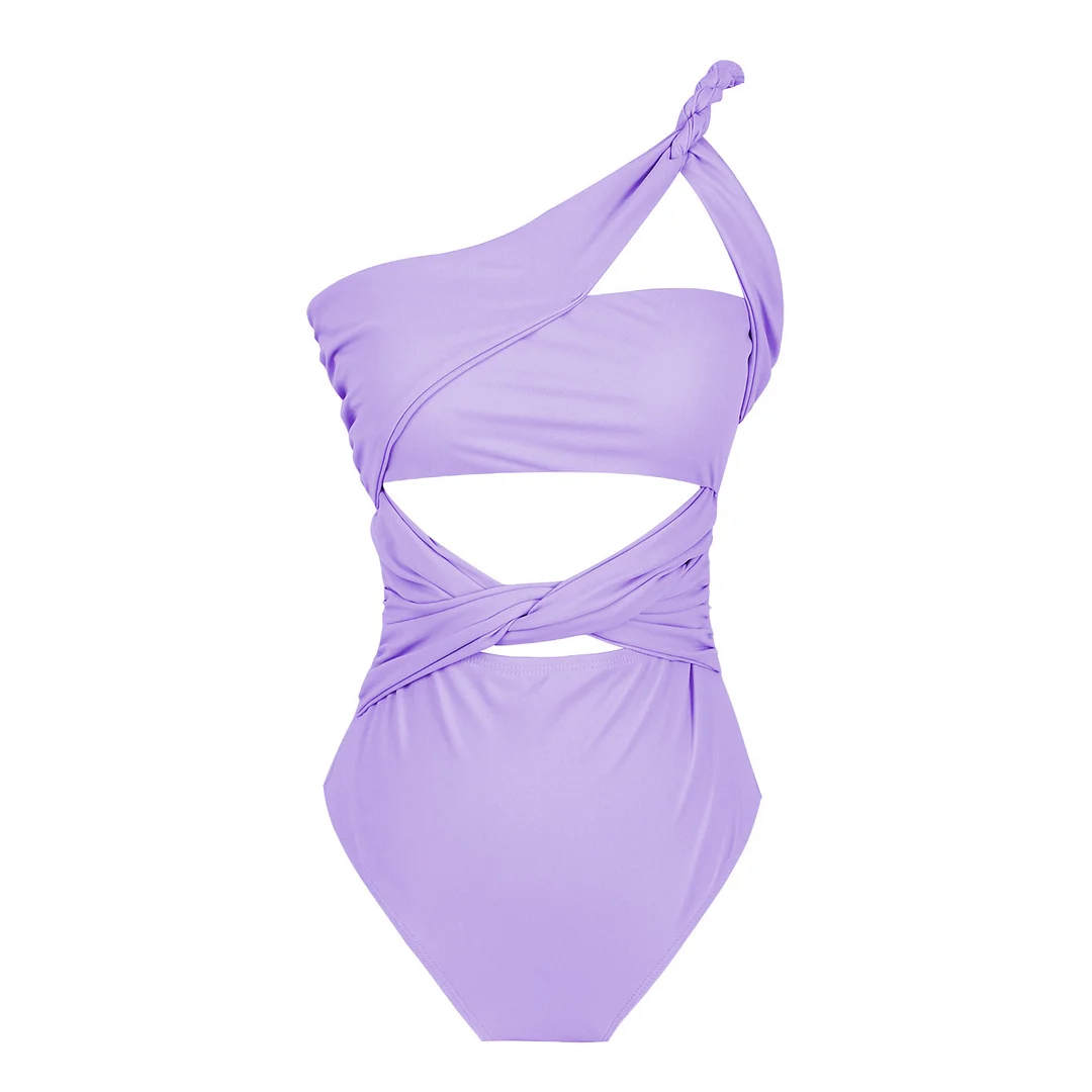 Uveng Solid Color Cross-Shoulder Hollow One-Piece Swimsuit Women 2025 New High-Waisted Integrated Export Swimsuit