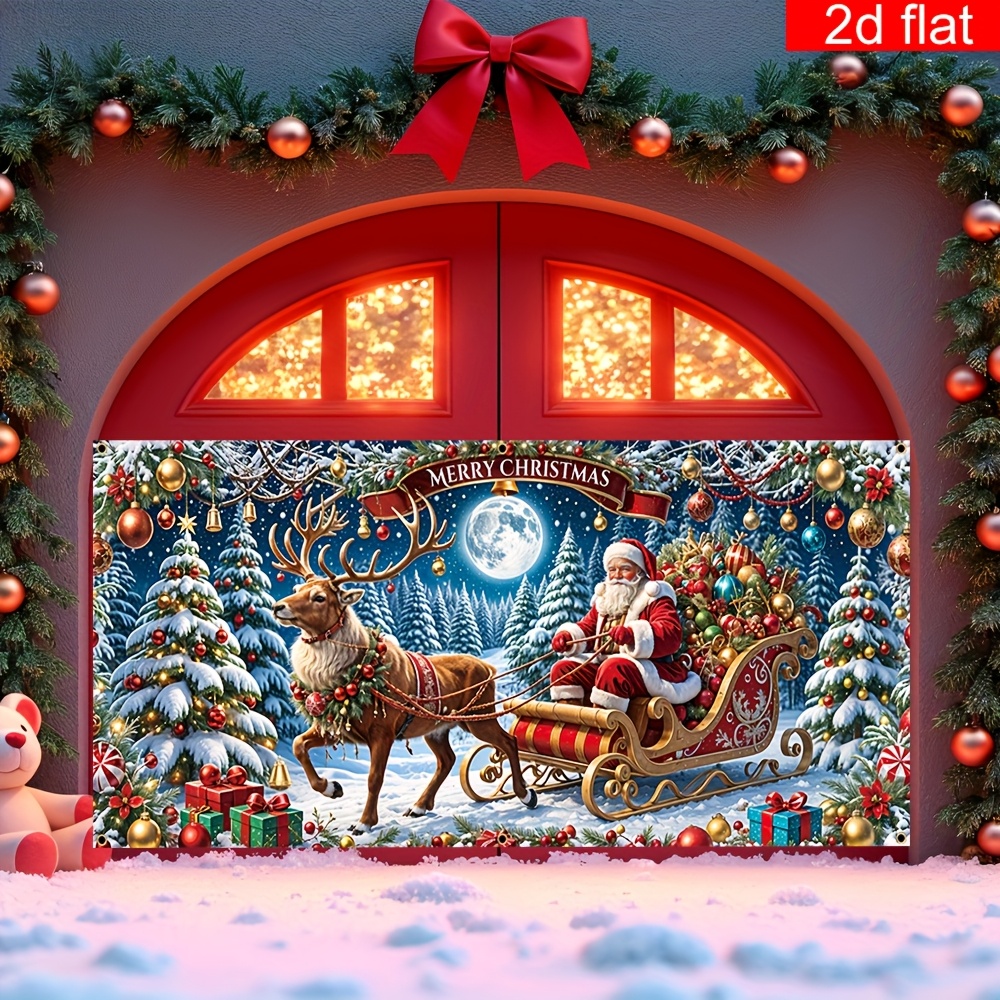 Tegooe Extra Large Christmas Garage Door Mural Banner - Santa Reindeer Sleigh Scene Backdrop for Holiday Outdoor Decoratio...