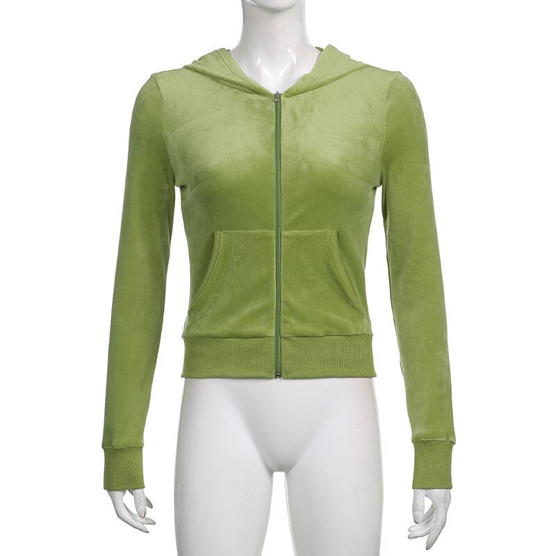 Sweetown Pink Sweet Cute Velvet Crop Hoodies Women Zip Up Hooded Jacket Pullover Vintage Aesthetic Casual Green Sweatshirts