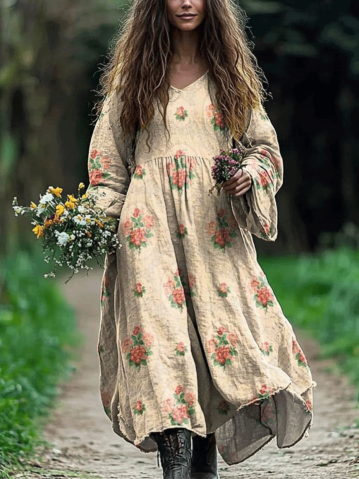 Women's Vintage Lovely Floral Art Print Pocket Cotton Dress
