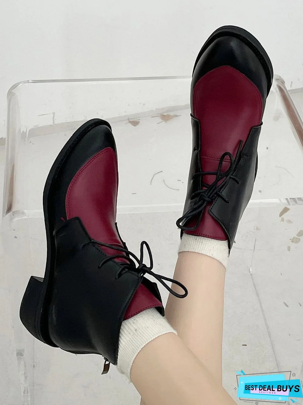 Comfortable Soft Leather Colorblock Lace-Up Pointed Toe Chukkas Booties