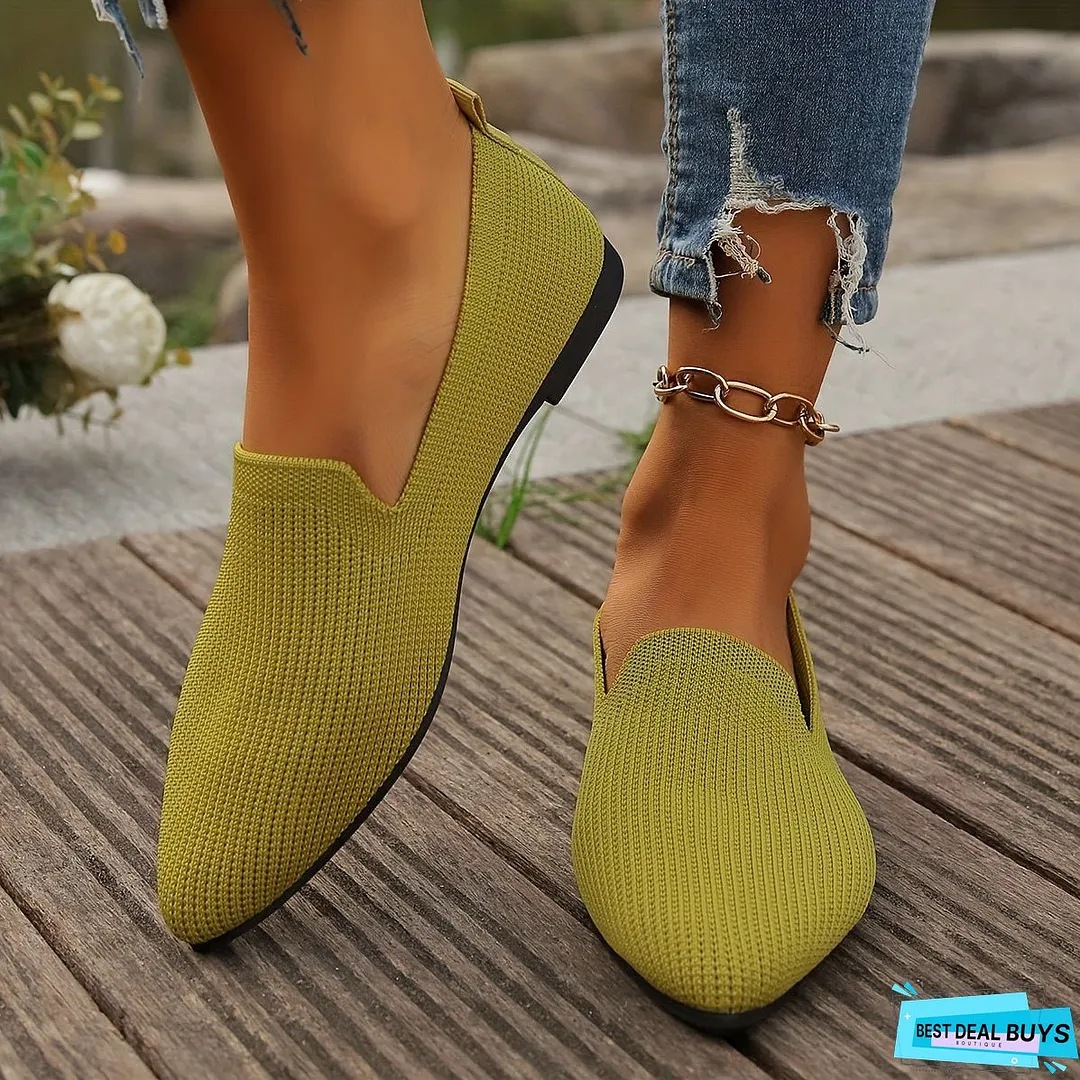 Cozy Womens Knitted Flat Shoes - Soft, Breathable, and Comfortable Slip-On Shoes with Pointed Toe, Rubber Sole, and Fabric Upper for Daily Wear