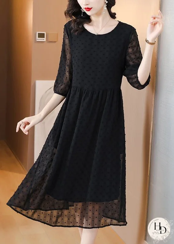Style Black O Neck Jacquard Chiffon Long Dresses Lantern Sleeve