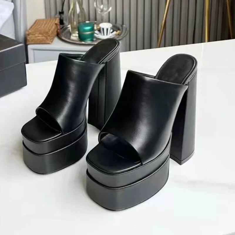 Super High Heel Pumps Double Platform Square Toe Sandals PU Leather High Heels Party Summer Female Pumps 2022 Fashion Shoes