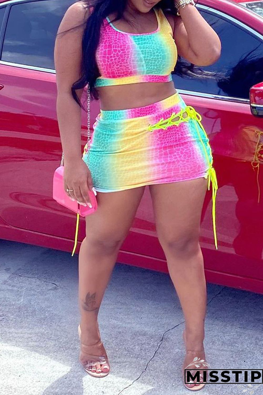 Light Blue Fashion Sexy Print Bandage U Neck Sleeveless Two Pieces