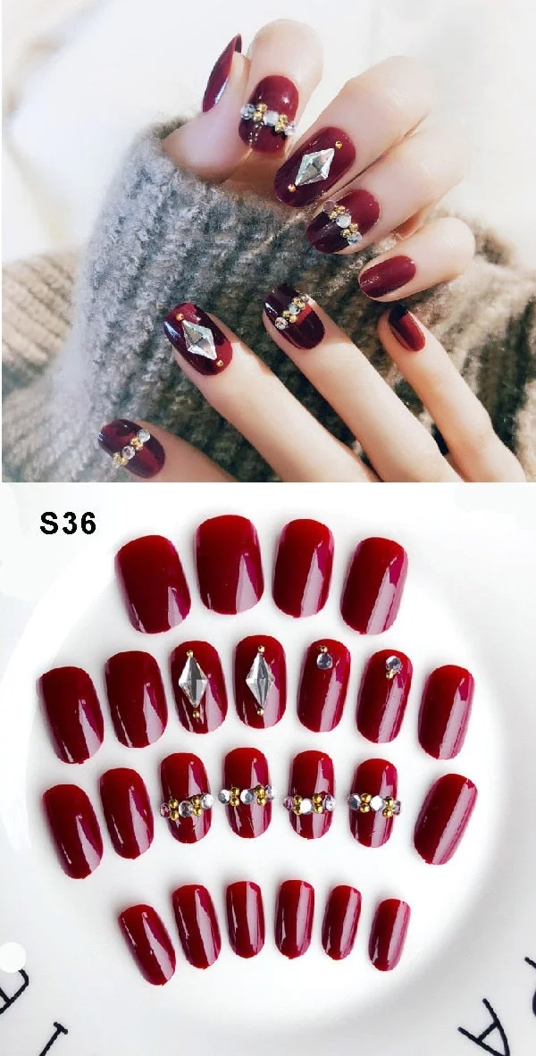 24pcs/set Elegant Fake Nails Black White Stripe Color Mix Chic Short False Nails with Pearl Rhinestone Square Acrylic Nails Tips-Nail Inspo