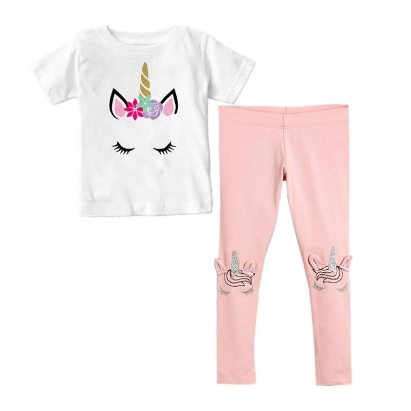 Two Pieces Kids Children Girls Clothes Set Little Girl Summer Cartoon Print T Shirt and Pants Leggings Outfits Clothing 2pcs