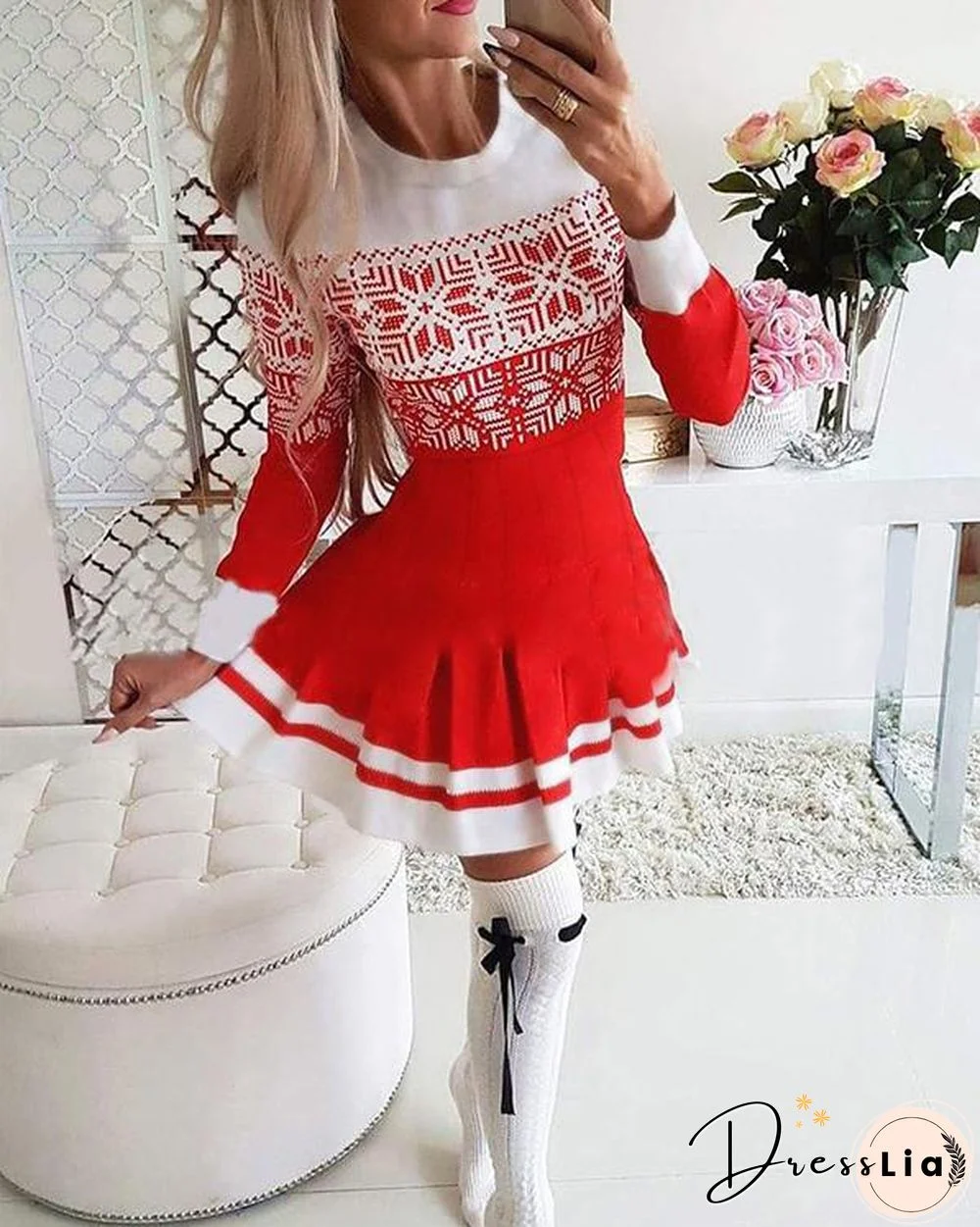 Christmas Snowflake Print Long Sleeve Pleated Dress