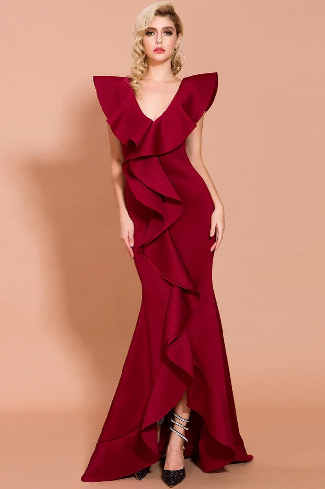 burgundy v-neck ruffles mermaid prom dress