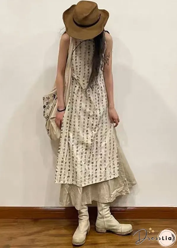 Retro Beige Stand Collar Print Side Open Cotton Dress Sleeveless