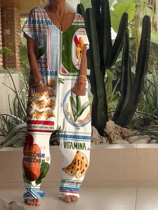 Casual Tropical Fruit Art Print V Neck Jumpsuit