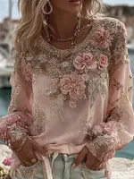 Women's Pink Flower Embroidery Art Pattern Round Neck Long Sleeve T-shirt