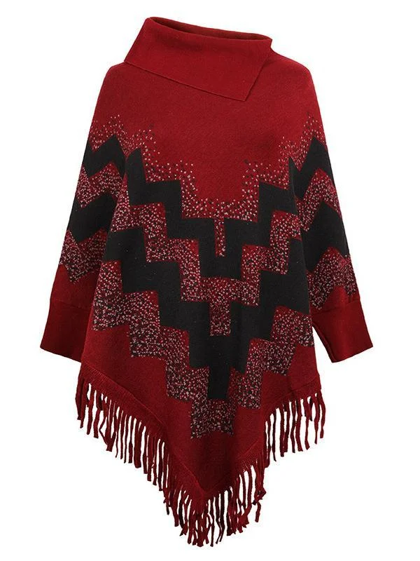 Women's Scoop Neck Knit Shawl Fringed Hem Loose Sweater Top