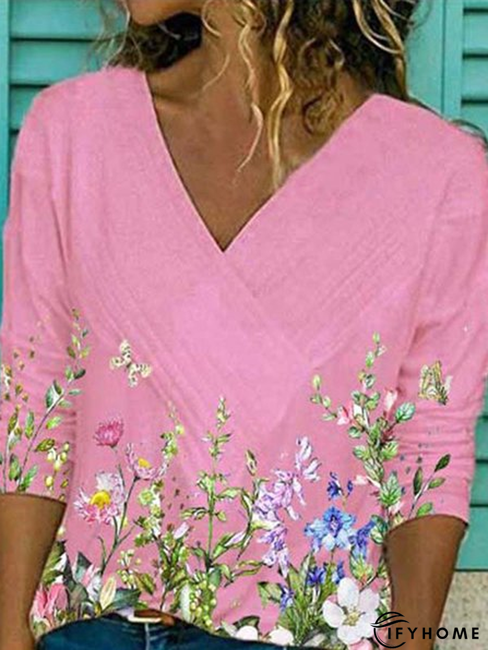 V Neck Long Sleeve Cotton-Blend Floral-Print T-shirt | IFYHOME