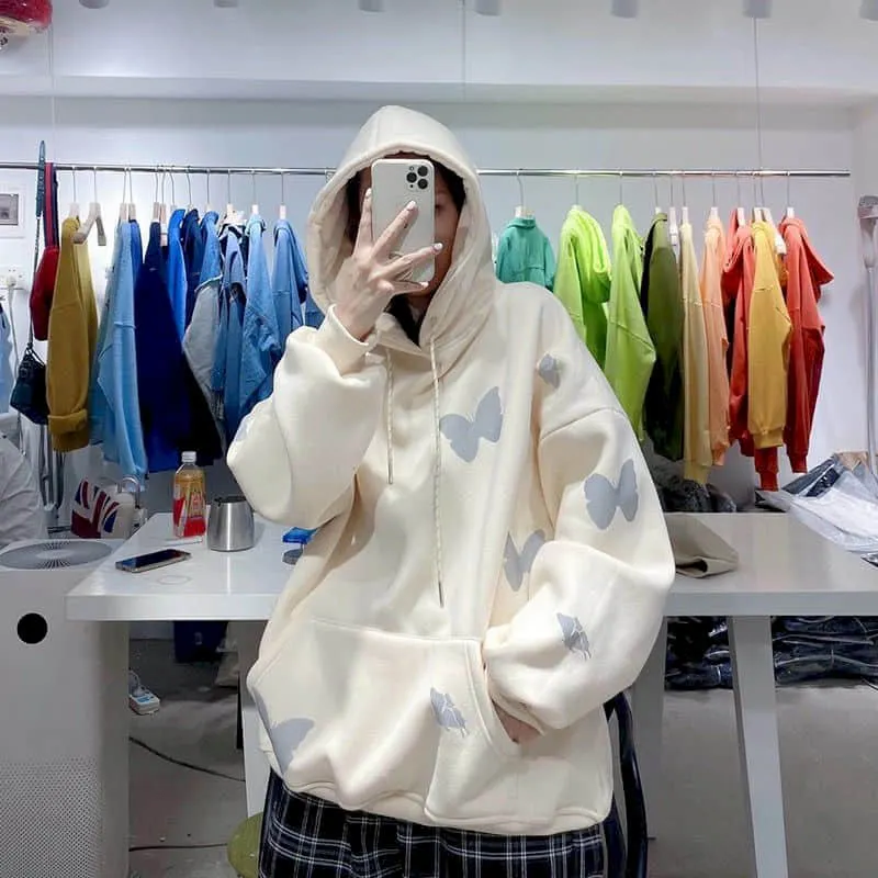Reflective Butterfly Fluorescent Green Sweatshirt Women Hoodies  Autumn Winter 2021 New Plus Velvet Thickened Student Jacket