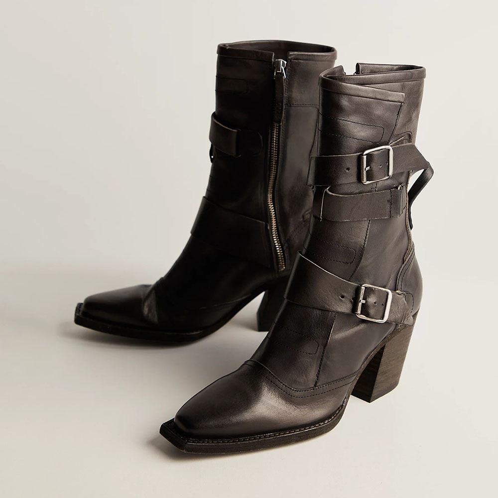 Dark Grey Snip Toe Zipper Chunky Heeled Ankle Boots with Buckle Strap Nicepairs