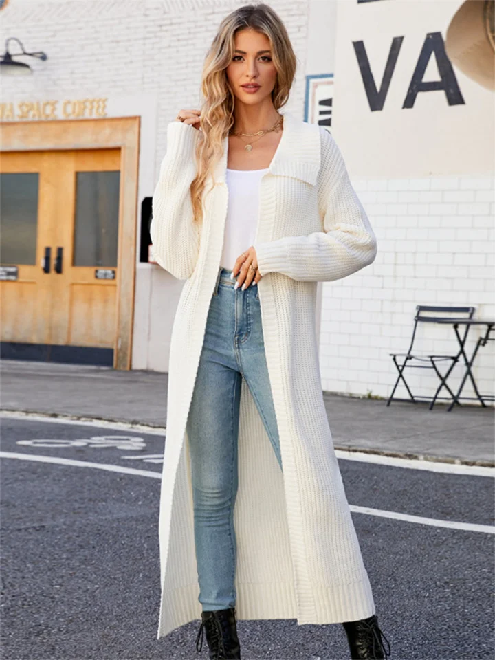 Autumn and Winter New Lapel Long Sweater Knitted Cardigan Solid Color Casual Loose Lazy Wind Sweater Coat-Cosfine