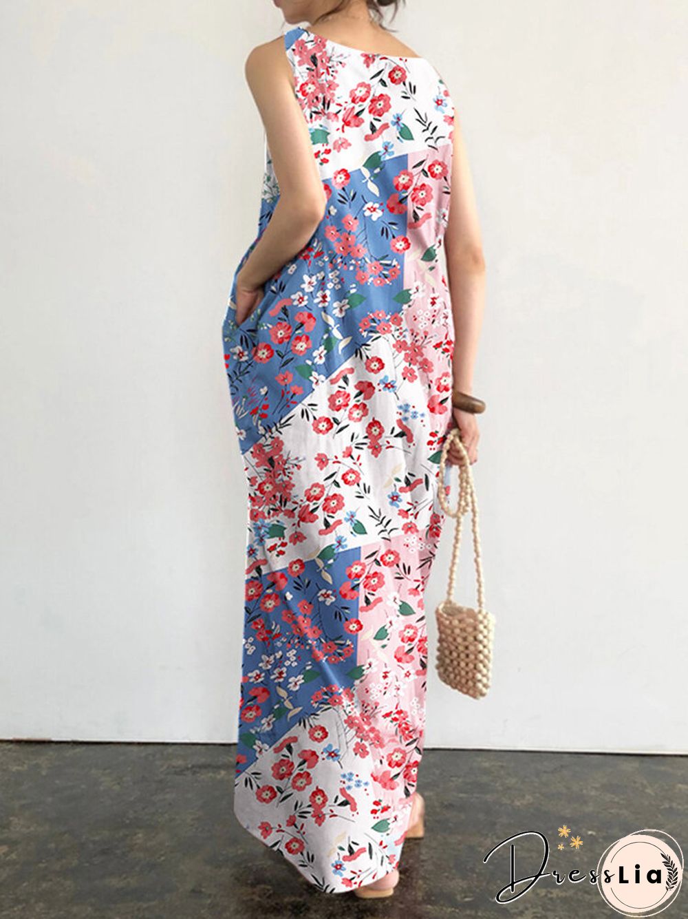 Floral Print Pocket Sleeveless Round Neck Maxi Dress