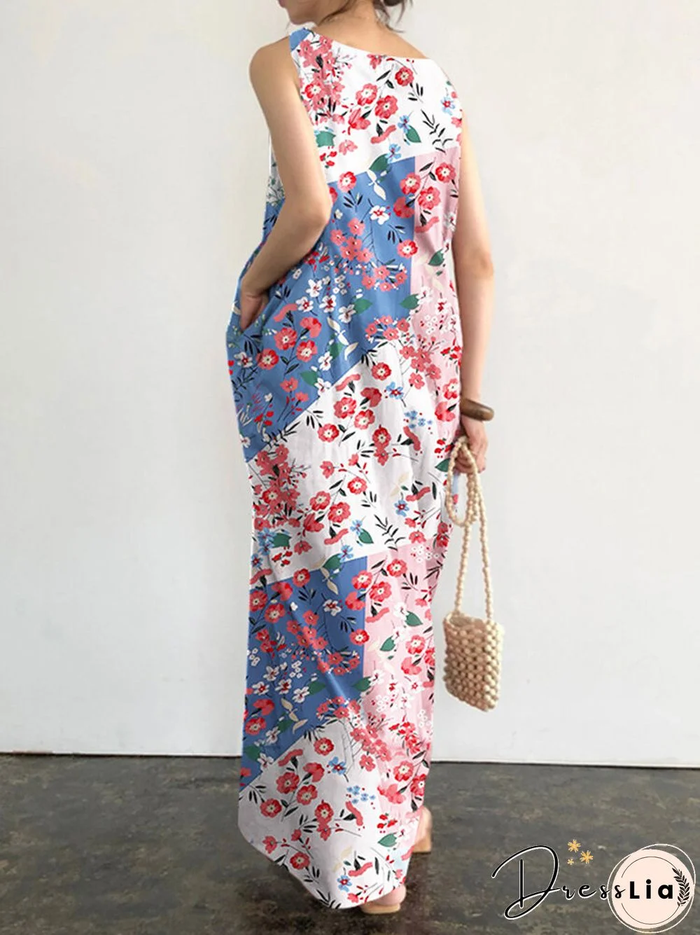 Floral Print Pocket Sleeveless Round Neck Maxi Dress