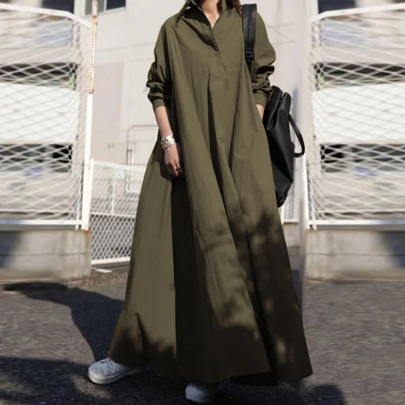 ZANZEA Autumn Stylish Women Vintage Long Sleeve Loose Sundress 2022 Casual Long Maxi Dress Kaftan Femme Solid Party Vestido Robe