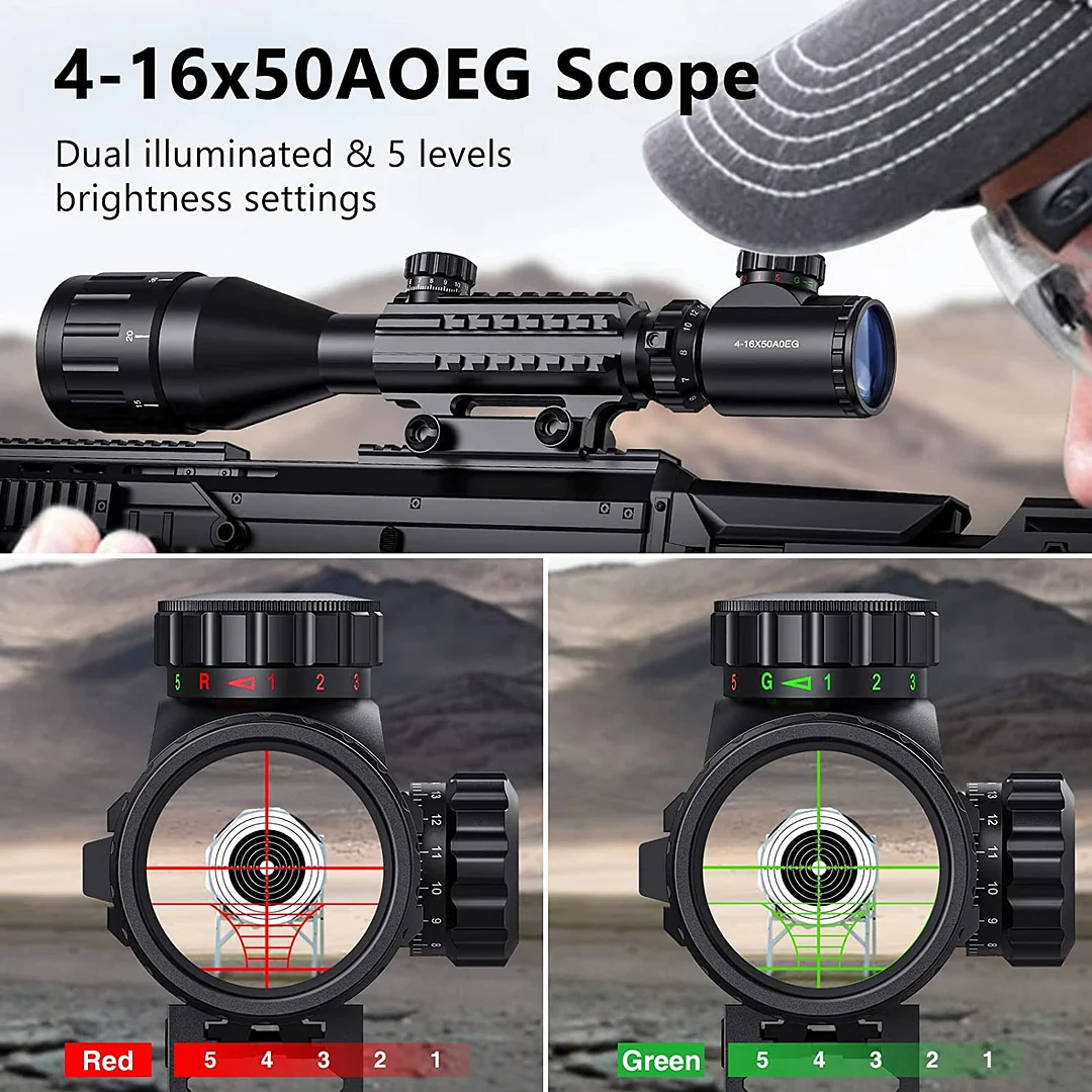 ohhunt® 4-16x50 AO Tactical Rifle Scope Dual Illuminated Optics & Illuminated Reflex Sight 4 Holographic Reticle Red/Green Dot Sight & IIIA/2MW Laser Sight