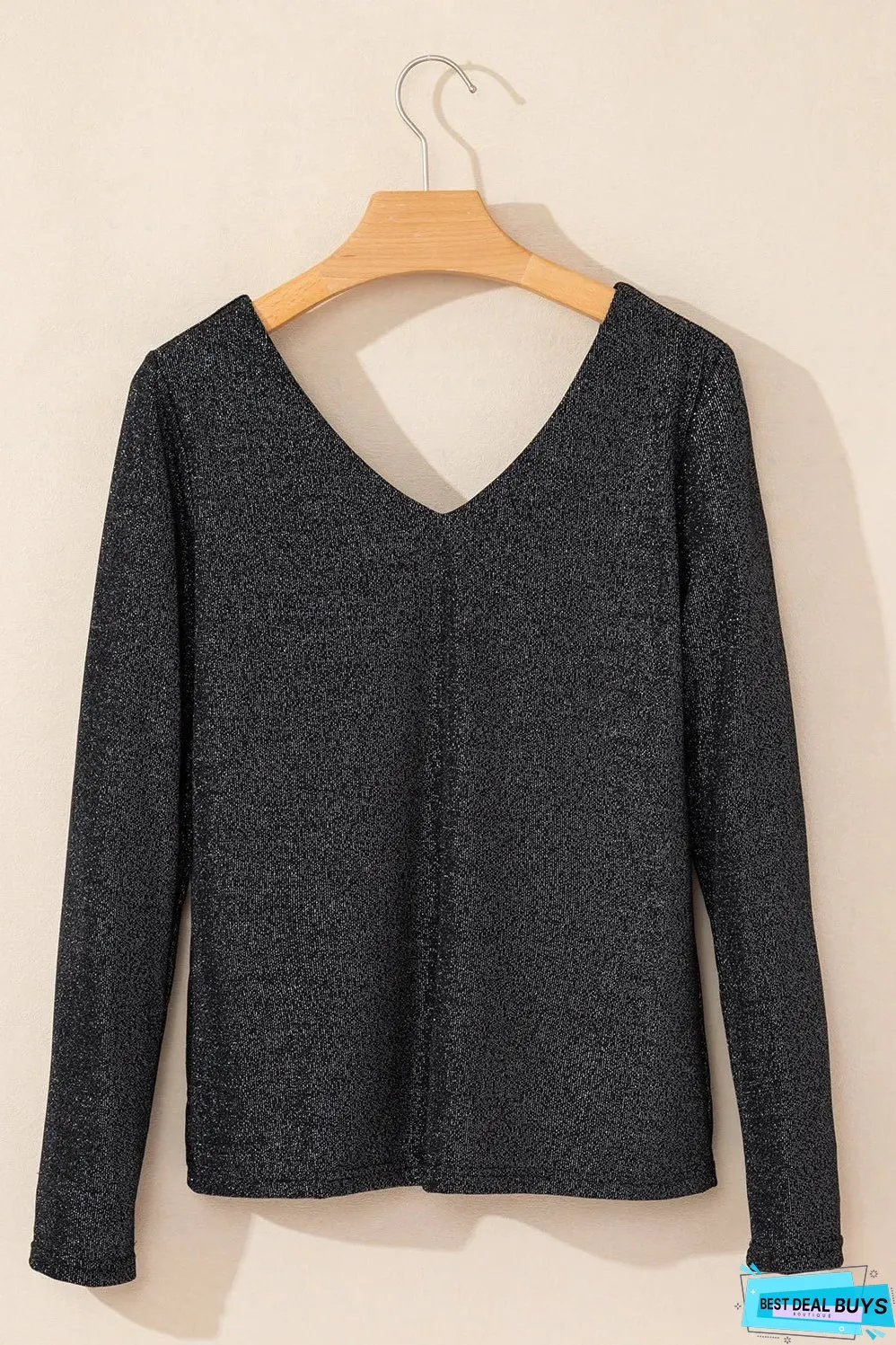 Black Metallic Bowknot Open Back V Neck Top