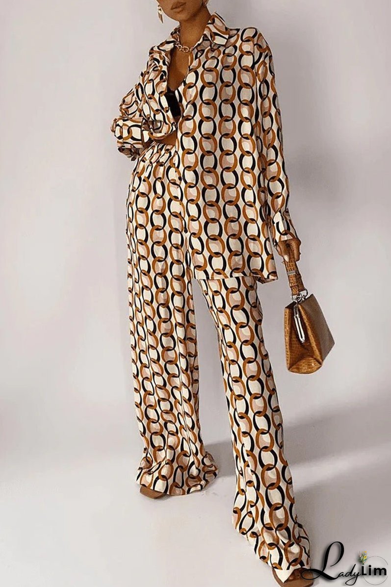 Casual Geometric Print Buttons Turndown Collar Long Sleeve Two Pieces
