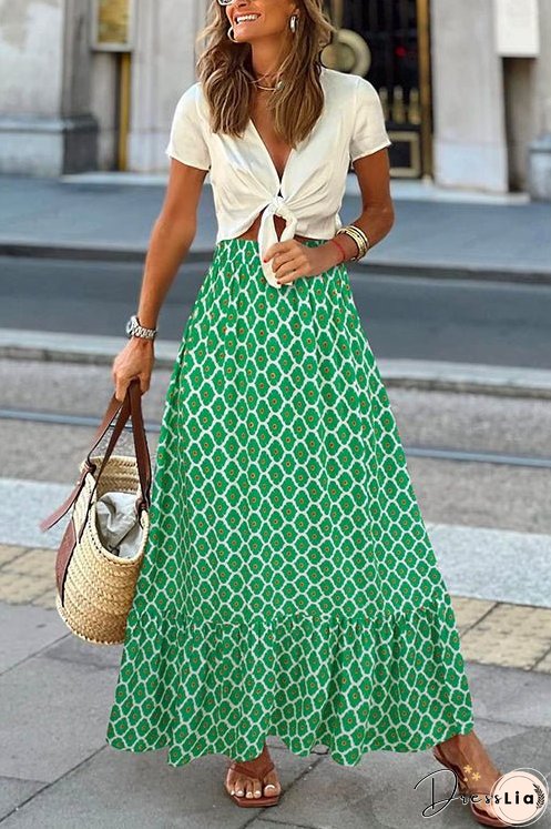 Meridress High Waist Printed Maxi Ruffle Swing Skirt